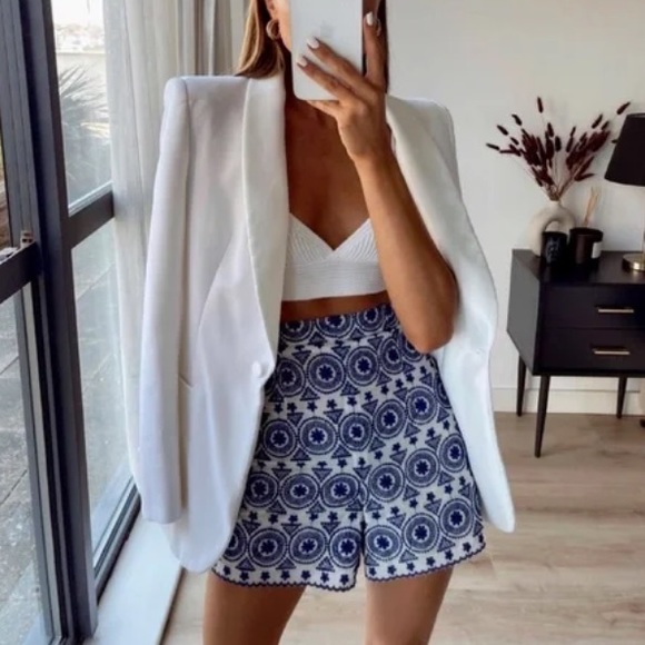 Zara Pants - Zara Navy Blue White Embroidered High Waist Shorts